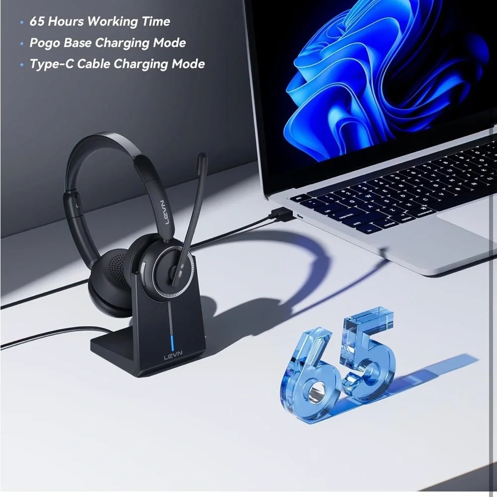LEVN Wireless Headset with Mic for Work BLUETOOTH NOISE CANCELLING - BLACK